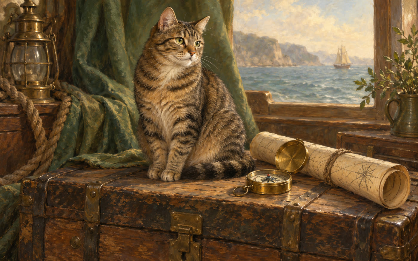 Famous cats in history illustration: a tabby cat on an old sea chest beside a brass compass and rolled map