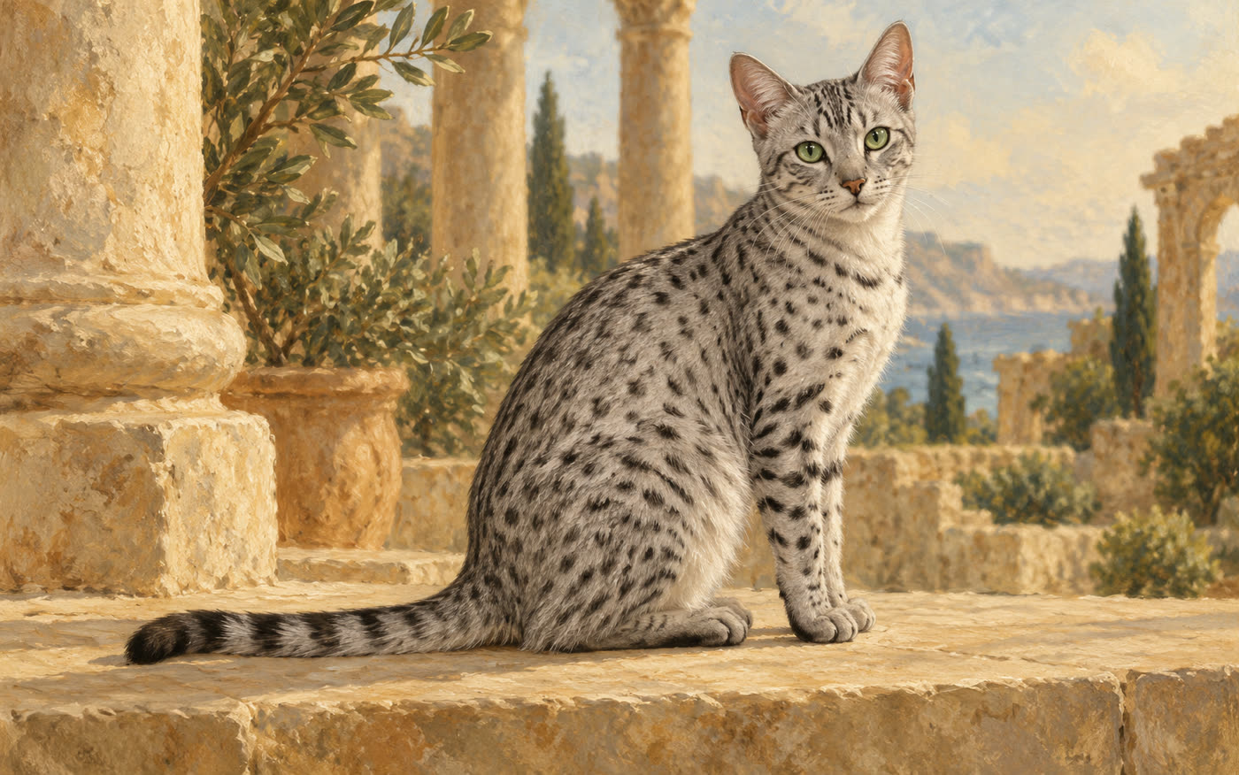 Illustration: a spotted silver cat sitting on warm stone among ancient columns