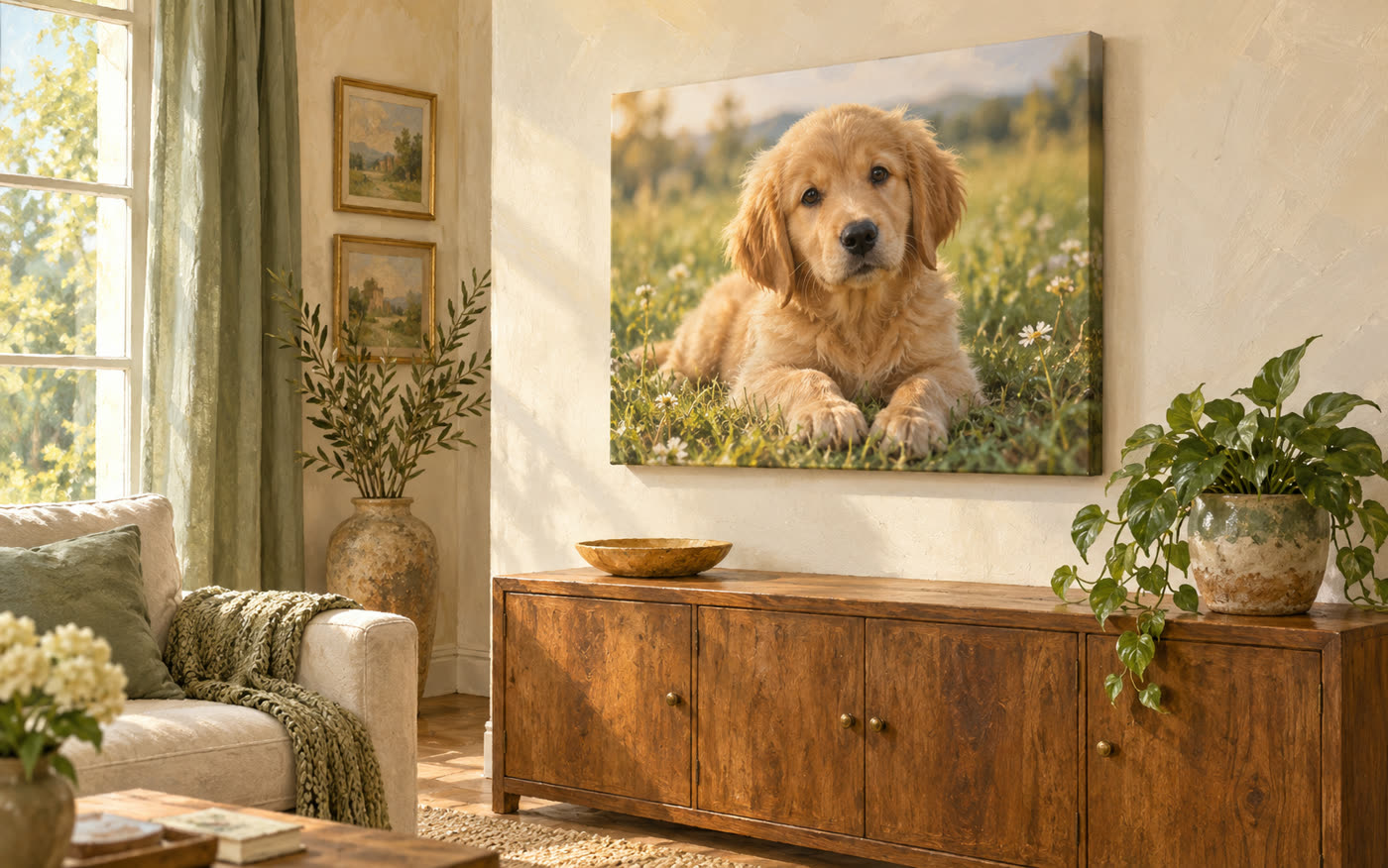 Illustration: a canvas print of a golden retriever puppy hanging above a wooden sideboard