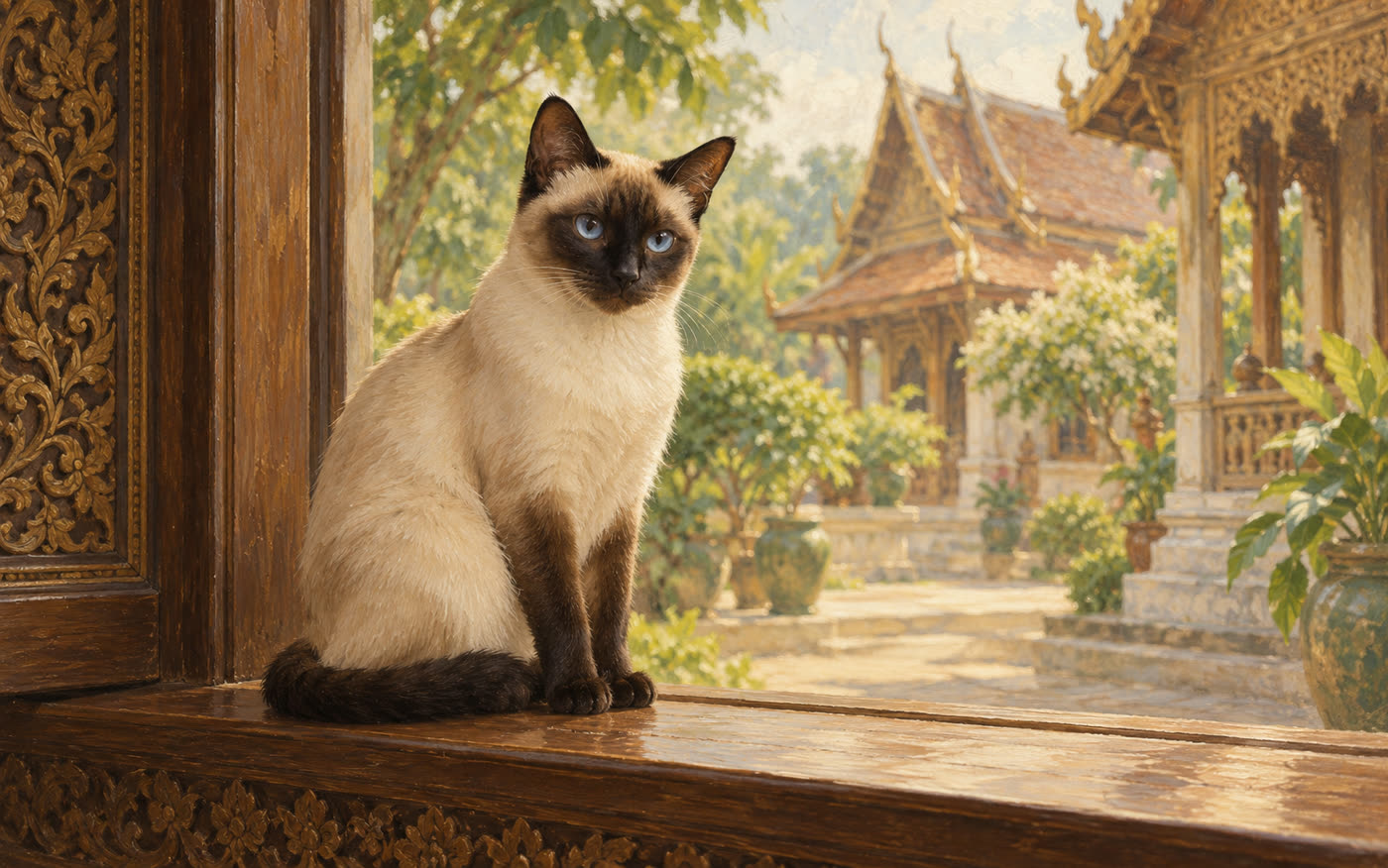 Illustration: a Siamese cat on a carved wooden windowsill above a palace courtyard