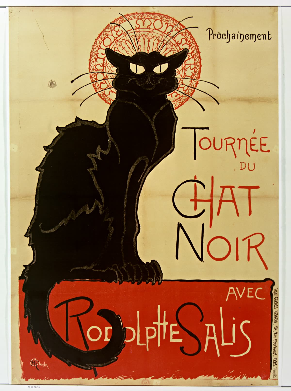 Tournée du Chat Noir by Steinlen, with a seated black cat, long whiskers, and a curling tail against yellow and red