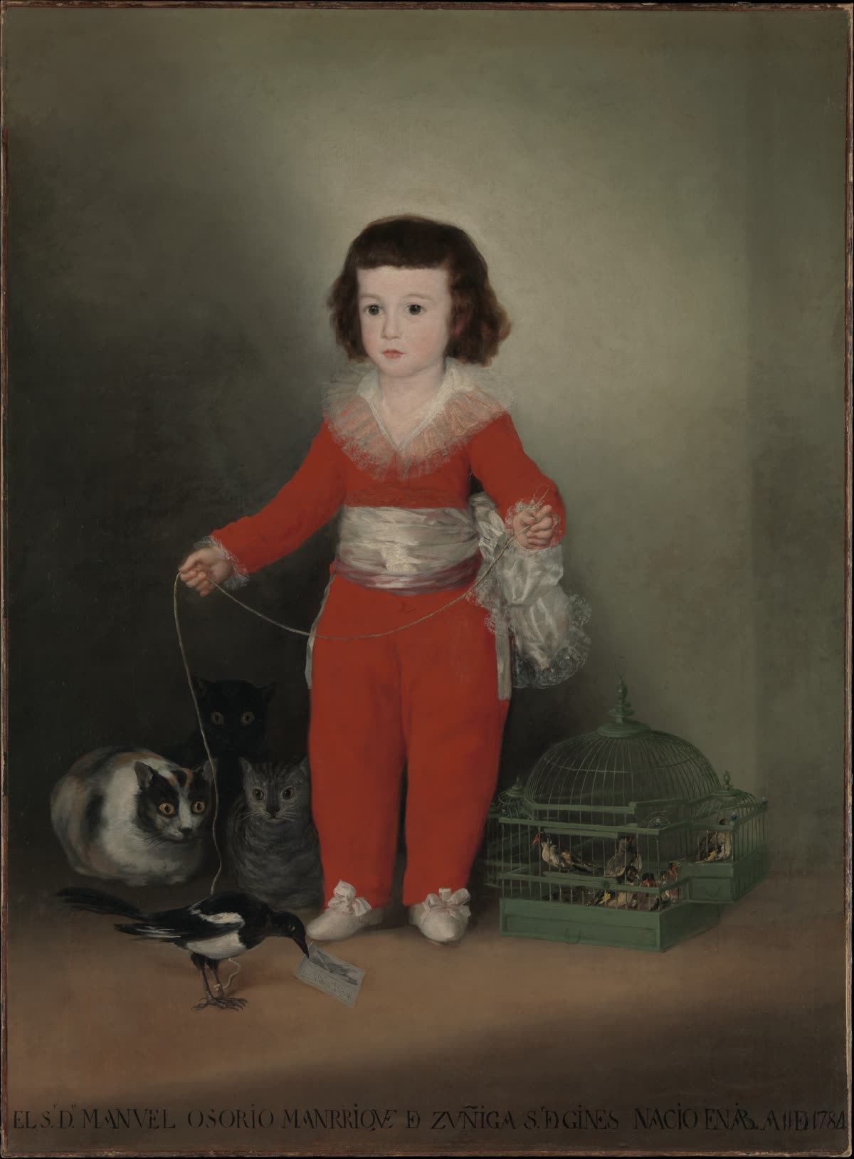 Manuel Osorio Manrique de Zúñiga by Goya, with three cats staring toward a bird held on a string